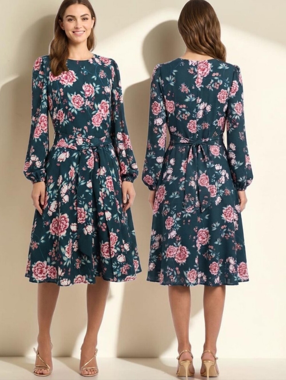 ELIZA J. Floral Print Long Sleeve Fit & Flare Midi Dress - Size 12